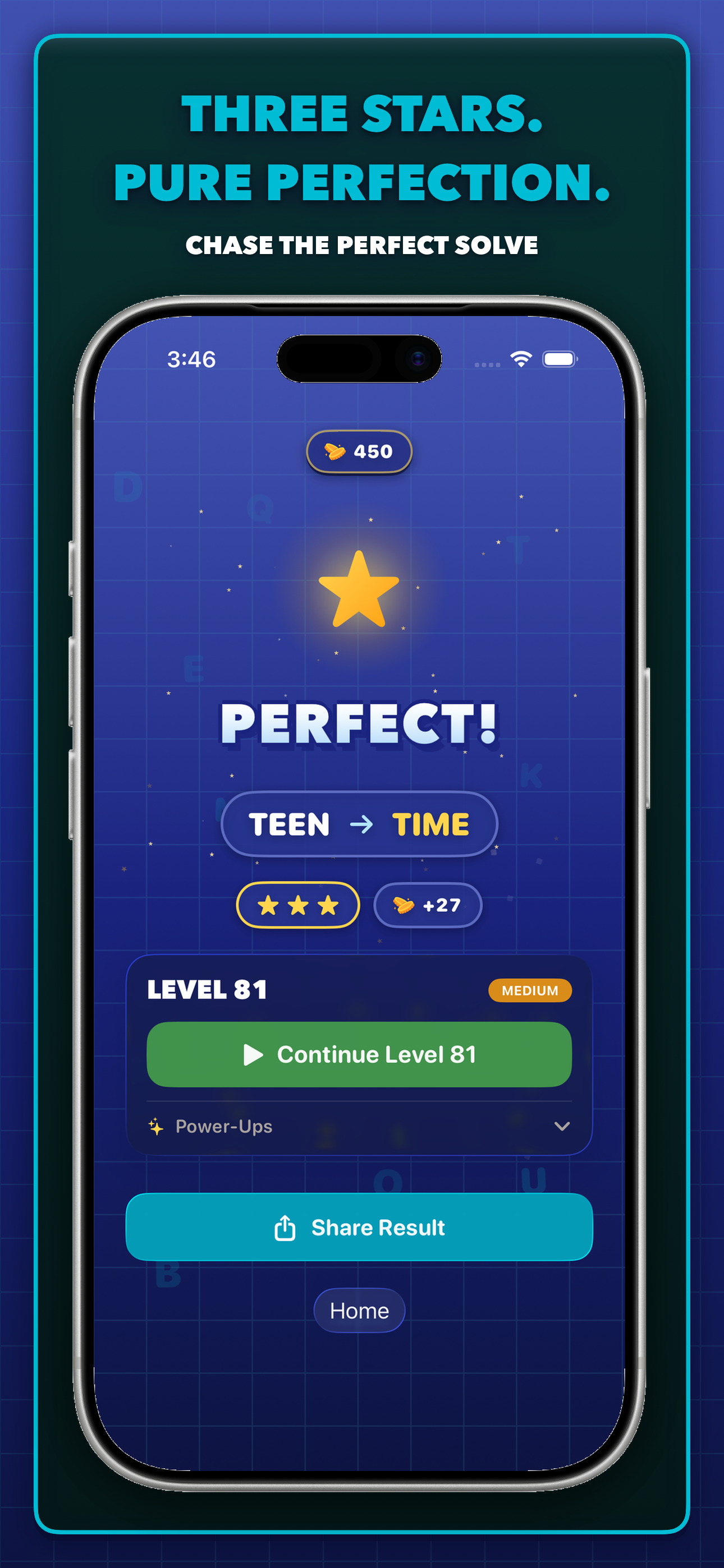 WarpWord Level Complete - Victory screen showing stars and stats